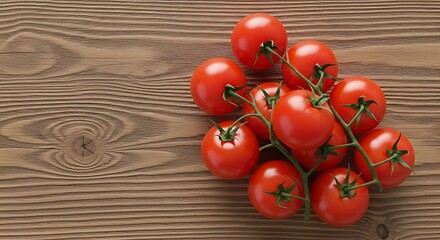 A branch of ripe red tomatoes with green stems on a textured wooden surface with wood grain detail
