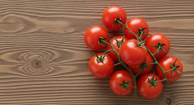 A branch of ripe red tomatoes with green stems on a textured wooden surface with wood grain detail