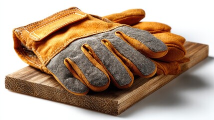 Work Gloves and Wood: Two work gloves laid on a wooden board showcase durability and craftsmanship. This image is a celebration of hands-on work and reliability. 