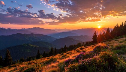 A breathtaking landscape photo showing a vibrant sunset over a mountain range with soft, rolling hills, and colorful clouds