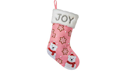 Cute Pink Christmas Stocking with Polar Bears Gingerbread Cookies and JOY Text on Fluffy Cuff