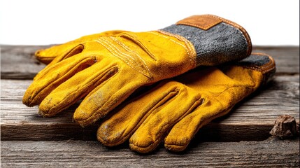 Protective Gear: Work gloves symbolize dedication and hard work, ready for action, on a weathered wooden surface.
