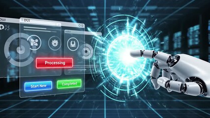 Robotic hand interacting with a holographic global network interface and data processing windows - Powered by Adobe