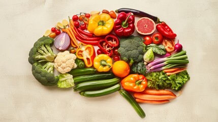 Vibrant human brain crafted from colorful vegetables  a symbol of vegetarian and vegan nutrition
