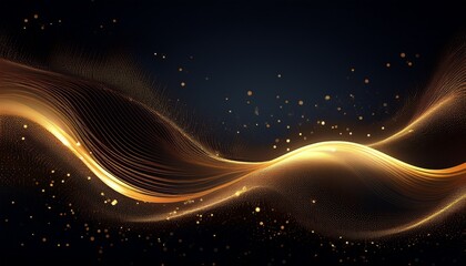 abstract waves with golden highlights and small particles on a dark background design style