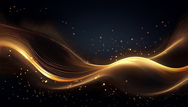 abstract waves with golden highlights and small particles on a dark background design style