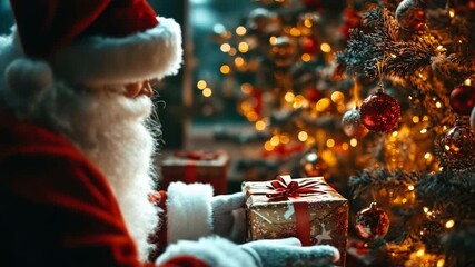 Kind Santa Claus with a white beard placing a beautifully wrapped gift box under a decorated Christmas tree with glowing lights, delivering presents on a magical Christmas Eve night