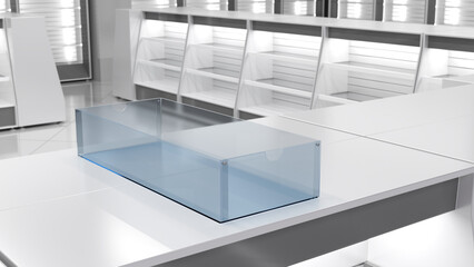 Retail clear acrylic or glass display box on store countertop. 3d illustration