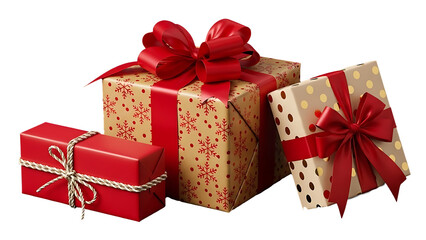 Obraz premium Collection of festive gifts with red ribbons, bows, and varied design. isolated on white background