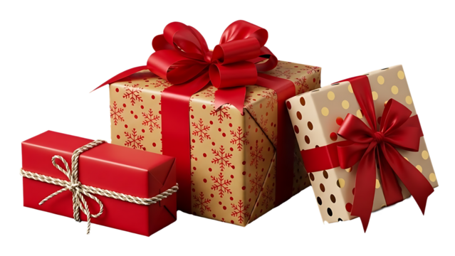 Collection of festive gifts with red ribbons, bows, and varied design. isolated on white background