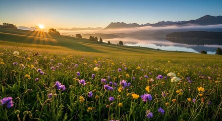 A picturesque scene of wildflowers and mountains at dawn, with the sky painted in soft sunrise hues.