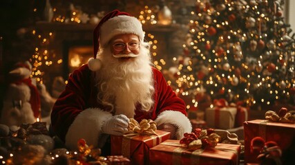 Santa Claus with a long white beard sits in his cozy workshop, smiling and talking while holding a neatly wrapped Christmas present by a lit fireplace and decorated tree