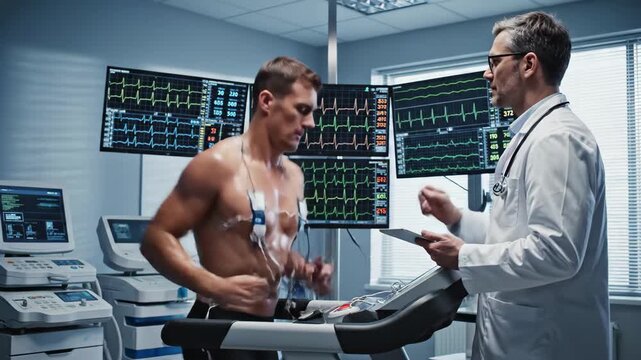 Doctor monitors a shirtless man performing an exercise stress test on a treadmill in a medical lab