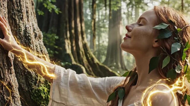 Woman channeling golden energy into ancient mossy tree in forest. Mystical nature connection and healing ritual sequence with serene embrace and glowing hands.