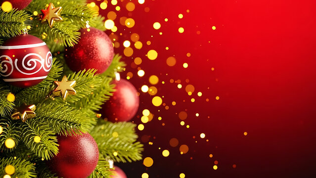 Festive Christmas tree with red baubles, golden stars, and sparkling bokeh isolated on white background - Powered by Adobe