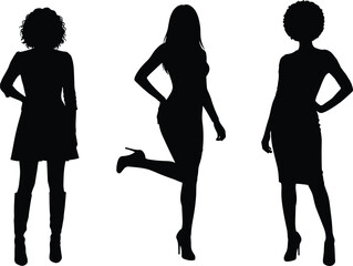 Black Silhouette Vector Set of Three Stylish Women Standing in Elegant Fashion Poses, Showcasing Modern Clothing, Heels, and Diverse Hairstyles for Design.
