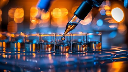 Medical and scientific research banner featuring pipette and test plate for dna sample purification