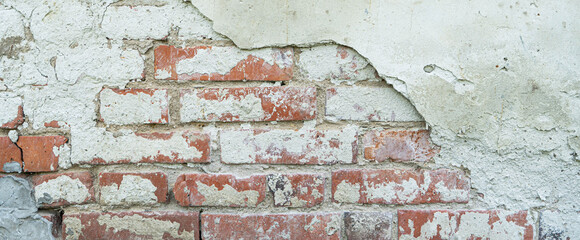 old brick wall, red and white colour, broken bricks, peeling plaster, vintage texture, background...