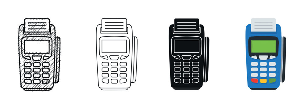 Pos terminal credit card machine illustrations set in doodle, line art, silhouette, and flat color styles for cashless payment concepts and financial transactions