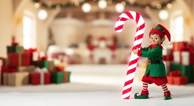 Christmas Elf Holding a Giant Candy Cane in Santa's Workshop