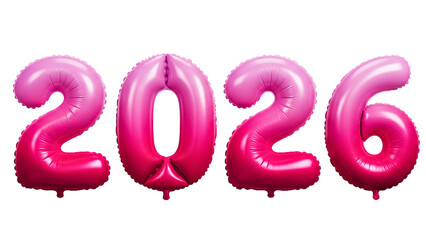 Magenta and Red Ombre Metallic Foil Balloons Forming New Year 2026, Bright Celebration Decor Isolated on White