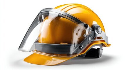 Safety in Focus: A vivid close-up of a high-visibility yellow safety helmet, complete with a clear face shield, symbolizing protection and preparedness in the workplace.