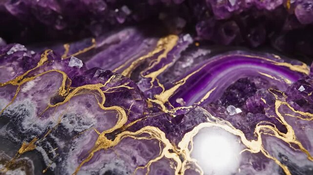 Closeup of a luxurious amethyst geode with intricate gold veins and crystalline textures