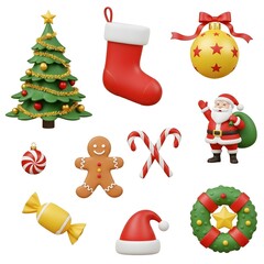 A set of holiday icons showcasing Santa Claus, a Christmas tree, and assorted festive decorations.