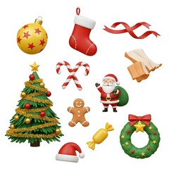 A festive set of Christmas icons featuring Santa Claus, a Christmas tree, and various holiday-themed items.