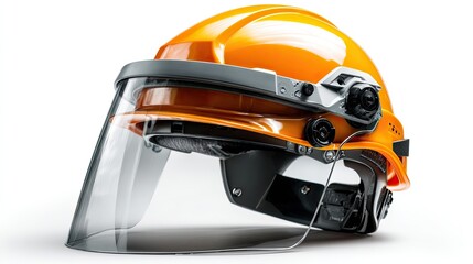 Protective Helmet: A sleek, orange safety helmet, equipped with a clear visor, offers robust protection, highlighting workplace safety standards and construction or industrial applications.