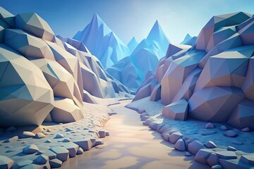 A winding path through a rocky ice capped mountain canyon