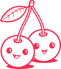 Smiling Cartoon Cherries with Leaf and Stems