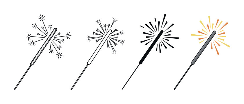 Four different burning sparkler icons in a set showing various graphic styles from line art and silhouette to a simple color illustration for festive holiday designs