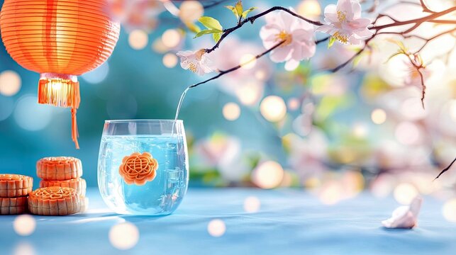 A close-up of mooncakes stacked next to a glass of blue liquid with a mooncake design inside. A stream of liquid is being poured into the glass. An orange lante