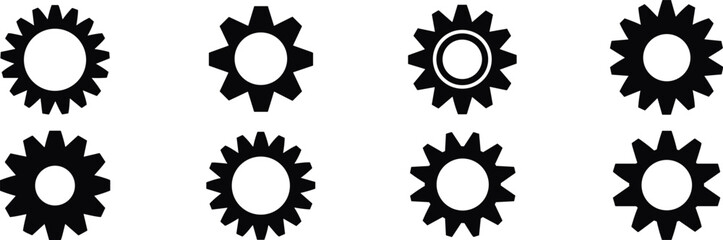 A set of eight different black and white gear icons and cogwheels, representing mechanics, settings, technology, and engineering concepts in vector format.