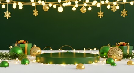 An assortment of Christmas decorations featuring red and gold accents on a vivid green background, celebrating the season.
