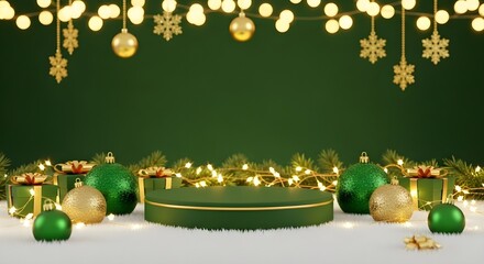 Brightly colored Christmas decorations on a deep green background, evoking a joyful and festive holiday ambiance.