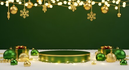  Festive Christmas decorations, including ornaments and garlands, set against a lush green background for a cheerful look.