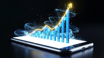 Financial growth chart on smartphone screen with glowing blue bars and an upward golden arrow - Powered by Adobe