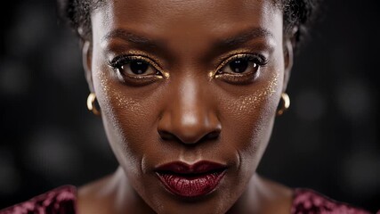 A confident woman with gold face paint and a striking red dress intently gazes into the camera lens, exuding fierce femininity and capturing the essence of unapologetic self empowerment.