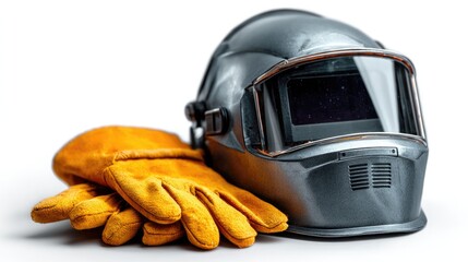 Welder's Essential Equipment: A close-up shot of a welding helmet and heavy-duty gloves, symbolizing protection and craftsmanship in industry.