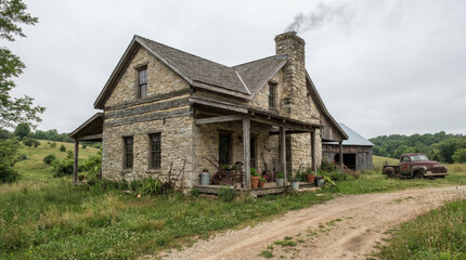 Rustic farmhouse with wooden beams and stone walls, vintage countryside setting