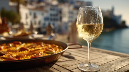 Obraz premium Chilled white wine with paella on outdoor table