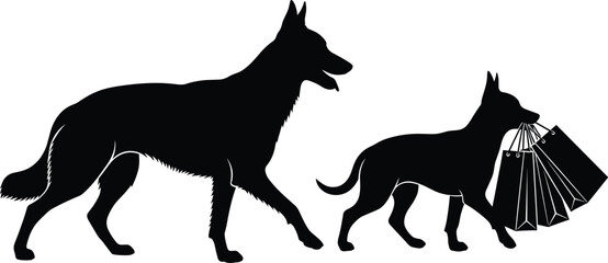 Dog shopping silhouettes, carrying bags pose, black outline, minimal art, pet humor, walking gesture, playful concept, anthropomorphic scene