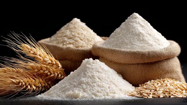 Flour and wheat sack arrangement highlighting rustic baking ingredients