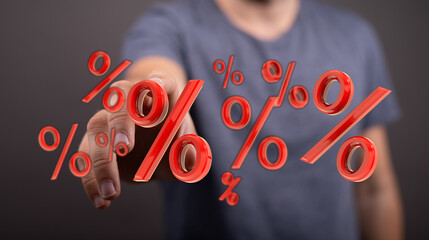 Image of a person interacting with percentage symbols, perfect for finance, marketing, and business...