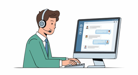 Man with headset working on computer, providing customer support.