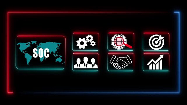 Glowing neon line banner of SOC concept with icons of branding, advertising, devices, internet and target isolated on transparent background.	
