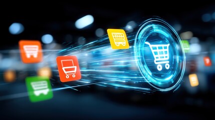 Digital shopping cart acceleration online retail graphic visuals futuristic environment dynamic perspective e-commerce innovations