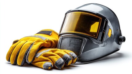 Welding Gear Essentials: A close-up shot of essential welding equipment, spotlighting a protective helmet and durable work gloves, ready for a day of industrial craftsmanship.